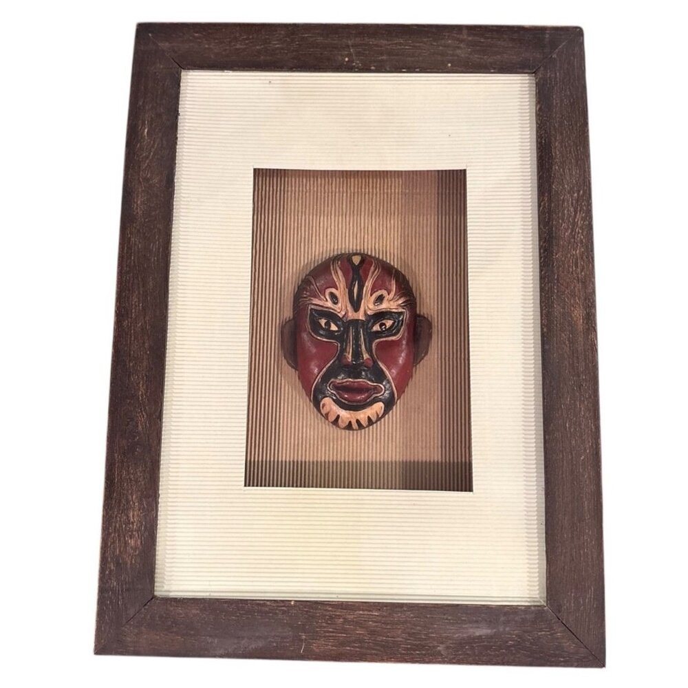 African Style Shadow Box Red Black Gold Face Black Eyes Mini Mask Wall Decor